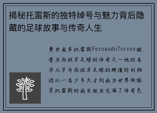 揭秘托雷斯的独特绰号与魅力背后隐藏的足球故事与传奇人生 揭秘托雷斯的独特绰号与魅力背后隐藏的足球故事与传奇人生