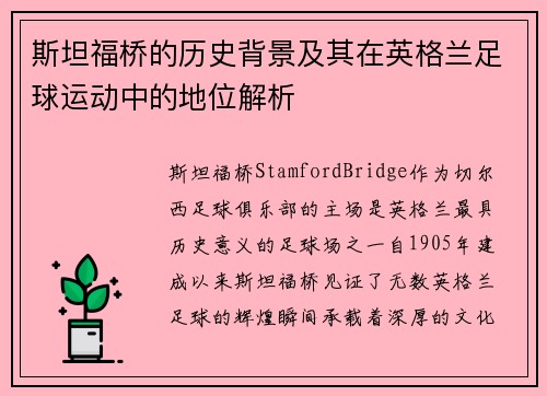 斯坦福桥的历史背景及其在英格兰足球运动中的地位解析 斯坦福桥的历史背景及其在英格兰足球运动中的地位解析