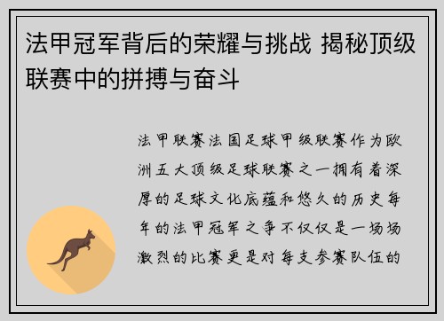 法甲冠军背后的荣耀与挑战 揭秘顶级联赛中的拼搏与奋斗