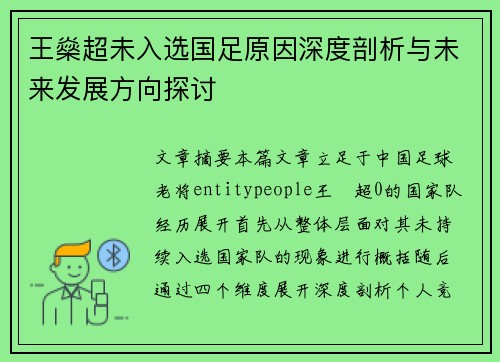 王燊超未入选国足原因深度剖析与未来发展方向探讨